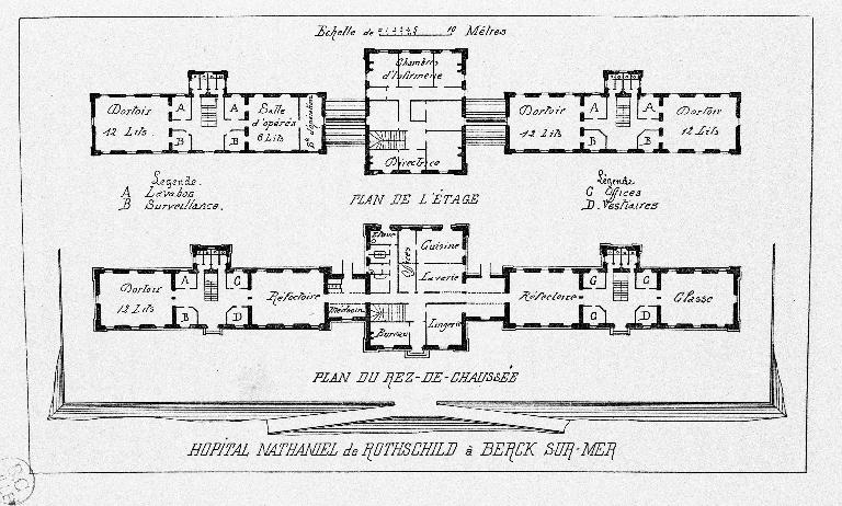 Plan de distribution générale respectivement du rez-de-chaussée et du 1er étage. Extrait de CAZIN, Henry. De l'influence des bains de mer sur la scrofule des enfants, 1885, p. 505.