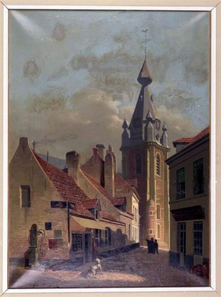 Tableau : La Rue Clairon et le clocher de l'église