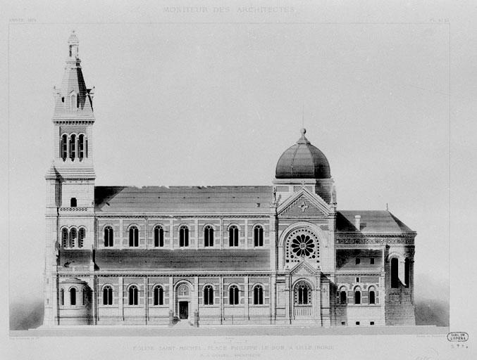 Elévation latérale de l'église Saint-Michel, publiée dans Le Moniteur des Architectes (1874).