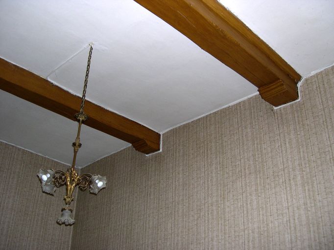Intérieur, rez-de-chaussée, pièce nord-est : plafond, vue partielle, abouts de poutres moulurés.