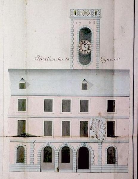 Ensemble d'édifices derrière façade (corps de garde, beffroi, maisons)