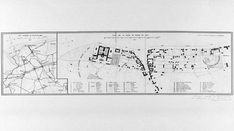 Plan de la plage (situation des hôtels, maisons, châlets et hôpitaux), par Jan Lavarezzi, 1882 (AC. Berck). ; Plan de la plage (situation des hôtels, maisons, châlets et hôpitaux), par Jan Lavarezzi, 1882.