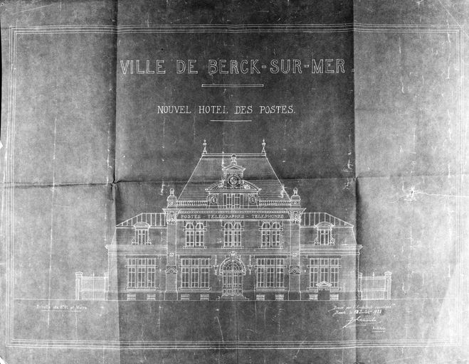 Elévation antérieure du nouveau bureau de poste (actuellement rue G. Péri), projet de Jules Leconte architecte, 1928 (AD PC, 2O742/7).