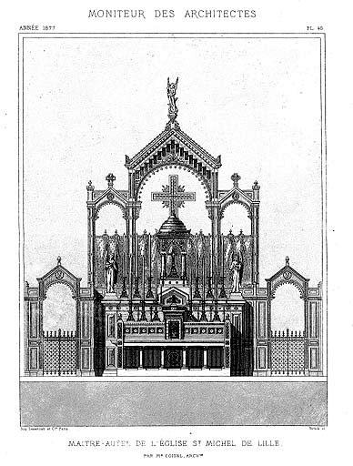 Dessin du maître-autel publié dans Le Moniteur des Architectes (1877), planche 46.