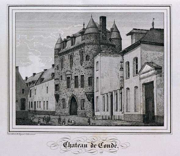 "Château de Condé", vue générale depuis la place Verte, 1844-45. In : Promenades daguerriennes dans le département du Nord et la province du Hainaut (AD Nord).