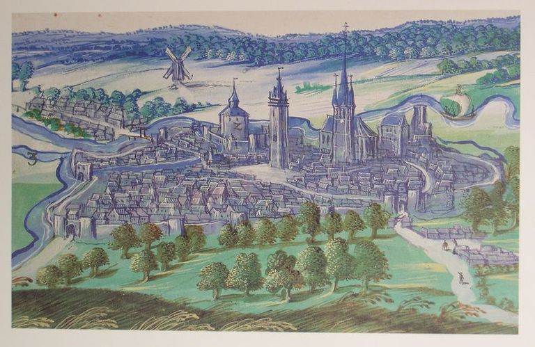 Ville de Condé, vue cavalière, entre 1595 et 1610, détail : à l'extrême droite, l'hôtel de Bailleul, derrière lequel se voit aussi une haute tour.