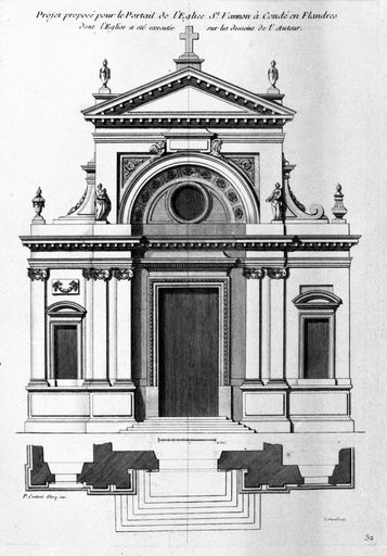 "Projet proposé pour le portail de l'église St Vannon à Condé en Flandres, dont l'église a été exécutée sur les desseins de l'auteur", élévation de la façade, projet non réalisé, par Pierre Contant d´Ivry (Bibliothèque des Arts décoratifs, Paris).