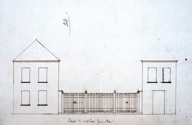 Demande d'autorisation de poser une grille de clôture et de régulariser l'élévation des pavillons latéraux, déposée par M. Deflines, constructeur de bâteaux : élévation projetée, 1845.