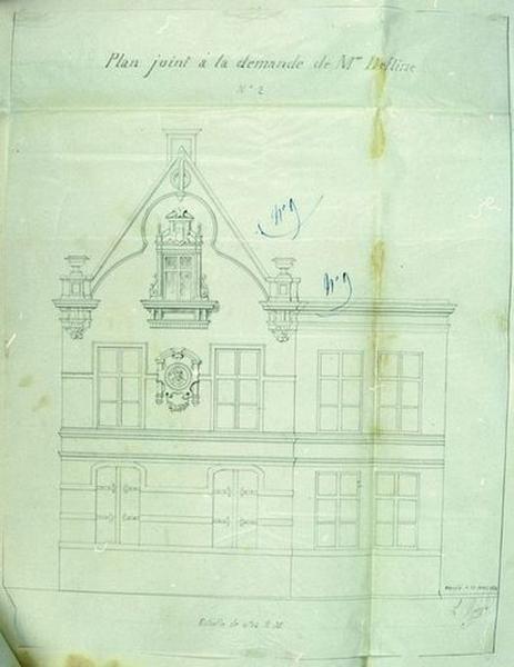 Demande d'autorisation de bâtir déposée par Mme Defline : élévation projetée de la façade faisant retour rue Neuve, 1854.