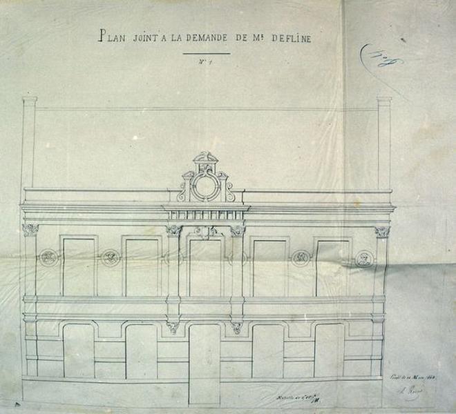 Demande d'autorisation de bâtir déposée par Mme Defline : élévation projetée de la façade rue Notre-Dame, 1854.