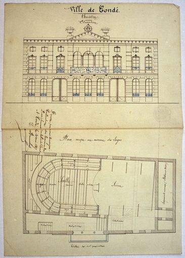Théâtre, élévation, plan en couleur (AD Nord. Série O ; 151 (Condé-sur-l'Escaut), 144). 