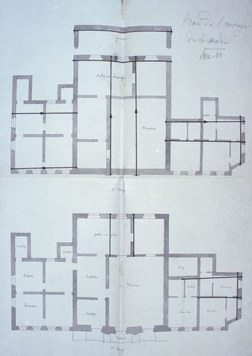 Tracé de l'ancrage de la mairie, plans des premier et deuxième étages, 1862-63 (Archives municipales de Condé-sur-l'Escaut).