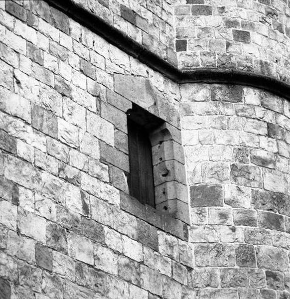 Corps de logis médiéval, façade en retour rue de la Bibliothèque, 1er étage, détail : baie couverte par un linteau en bâtière reposant sur des coussinets.