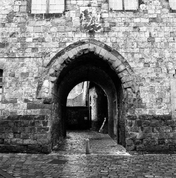 Corps de logis médiéval, façade, rez-de-chaussée, vue partielle : passage couvert ; à l'aplomb du passage, armoiries bûchées de Jean de la Hamaide, qui étaient accompagnées de la date de 1411.