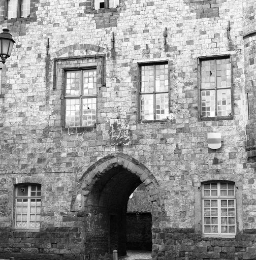 Corps de logis médiéval, façade, vue partielle : rez-de-chaussée et 1er étage, percements. 