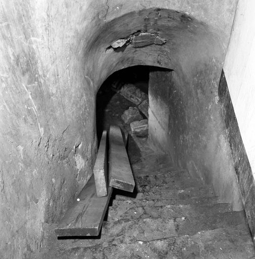 Corps de logis médiéval, intérieur, cave, escalier d'accès aménagé depuis le rez-de-chaussée de l'aile n° 35-37 rue de la Cavalerie : vue depuis le haut de l'escalier. 
