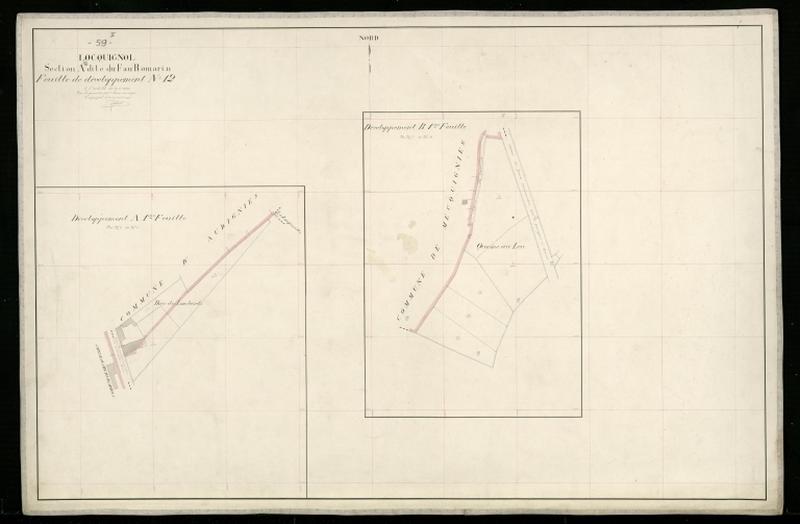 Vue générale de la feuille cadastrale de développement n° 12 de la section A dite du Fau Romarin de 1930 (1e feuille : sections A et B).