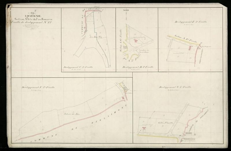 Vue générale de la feuille cadastrale de développement n° 13 de la section A dite des Fau Romarin de 1930 (3e feuille : section C, D, E ; 5e feuille : section F, G).