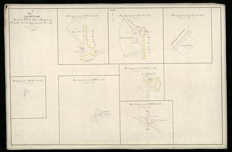 Vue générale de la feuille cadastrale de développement n° 14 de la section A dite du Fau Romarin de 1930 (6e feuille : section H, I, J ; 8e feuille : section A ; 10e feuille : sections M, N, P).
