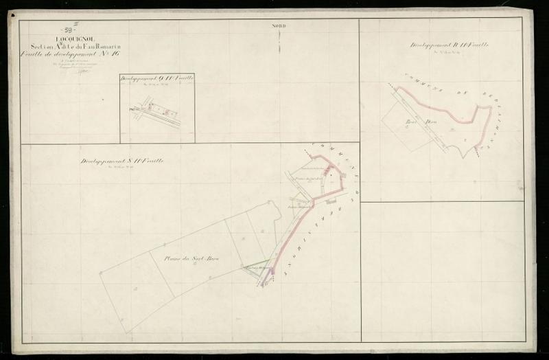 Vue générale de la feuille cadastrale de développement n°16 de la section A dite du Fau Romarin de 1930 (11e feuille : section Q, R, S).