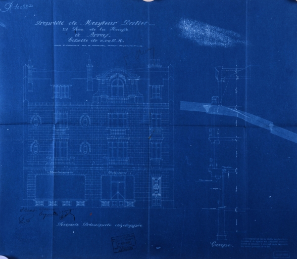 Propriété. Rue de la Housse à Arras. Projet de construction par Decaux et Crevel architectes, façade principale, juin 1925 (AD Pas-de-calais).
