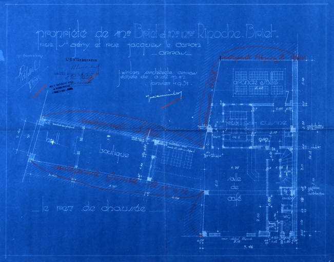 Propriété de M. Briet et MM. Ripoche-Briet à Arras. Projet de construction : plan du rez-de-chaussée, par Wirton architecte, janvier 1931 (AD Pas-de-Calais). 