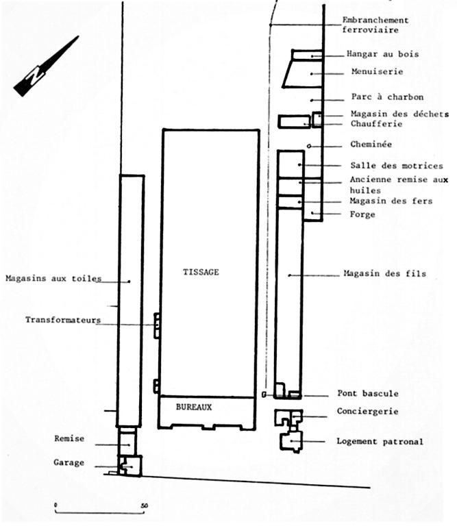 Plan masse du tissage d'après les états de sections du cadastre de 1935 (feuille D2).