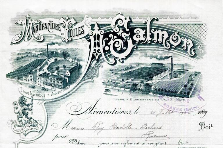 Entête de lettre de la fin du XIXe siècle représentant les tissages Auguste Salmon situés rue de Dunkerque, à Armentières (59) net au lieu-dit Bac-Saint-Maur à Sailly-sur-la-Lys (62), (coll. part.).