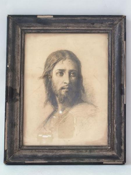 Estampe (?), dessin (?). portait du Christ de trois-quart, en noir et blanc, signé Lazerquet (?)