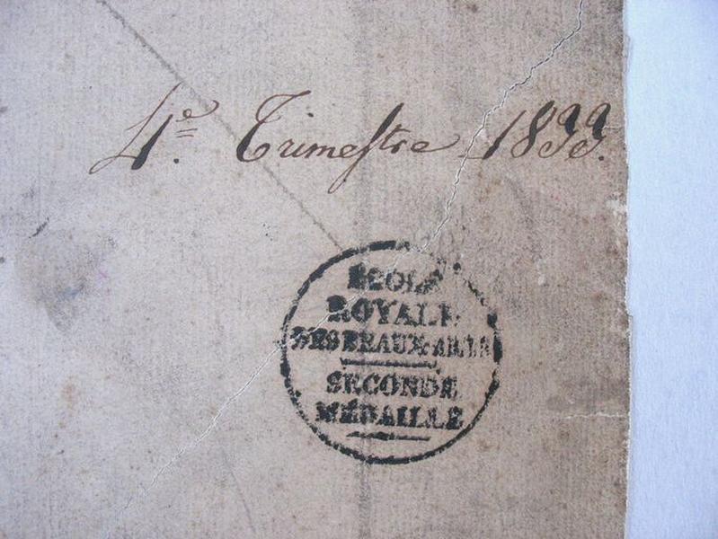 Vue de détail, dessin d'après l'antique, cachet, inscription
