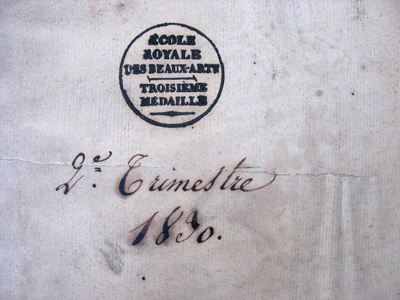 Vue générale, dessin d'après l'antique, cachet, inscription