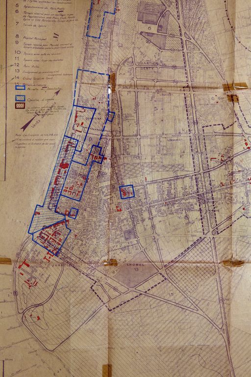 Extrait du plan directeur de reconstruction, Paul Dufournet urbaniste, 1/9/1946 - appouvé par arrêté interministériel le 3/02/1948 (AD Pas-de-Calais, 2406W26). ; Extrait du plan directeur de reconstruction, Paul Dufournet urbaniste, 1/9/1946 - appouvé par arrêté interministériel le 3/02/1948 (AD Pas-de-Calais, 2406W26).