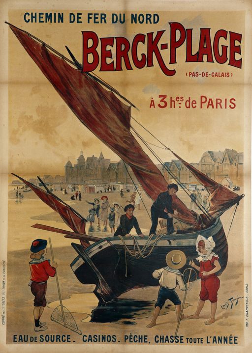 Affiche publicitaire du chemin de fer pour la station balnéaire de Berck, Louis Tauzin (1842 - 1915) peintre, sans date, imprimerie Champenoise, Reims (AD Pas-de-Calais, 17 Fi/B97). ; Affiche publicitaire, Louis Tauzin (1842 - 1915) peintre, sans date, imprimerie Champenoise, Reims (AD Pas-de-Calais, 17 Fi/B97). 