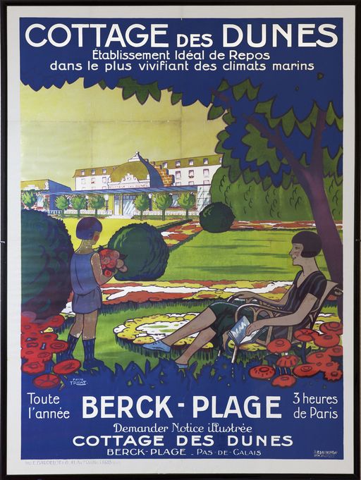 Affiche publicitaire pour le Cottage des Dunes, ancien casino du quartier Lhomel, années 1920, Baudelot imprimeur, sans date. ; Affiche publicitaire pour le Cottage des Dunes. ; Affiche publicitaire pour le Cottage des Dunes, ancien casino du quartier Lhomel, années 1920, Baudelot imprimeur, sans date.