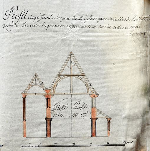 Coupe transversale, par Charles Havez, ingénieur des Ponts et chaussées de la province du Hainaut, 1750, jointe à l'expertise du 4 décembre 1749 ; à gauche, le vaisseau ajouté en 1715 (AD Nord).