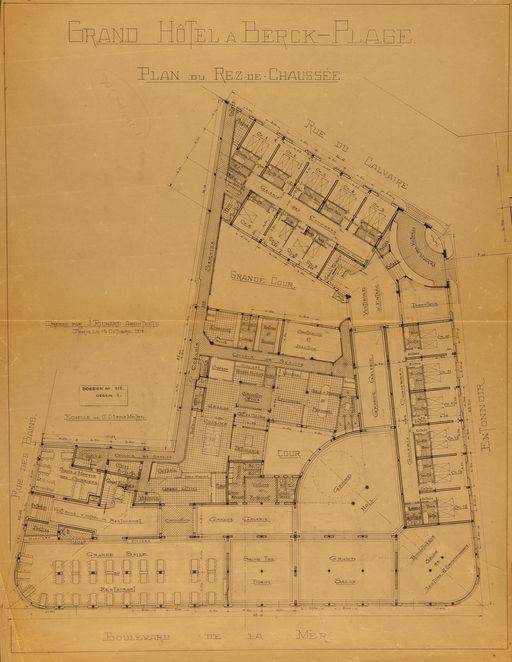 Projet de Grand Hôtel (non réalisé), plan du rez-de-chaussée, Joachim Richard, 12 novembre 1919 (IFA ; 081 IFA 365. Fonds Joachim Richard).