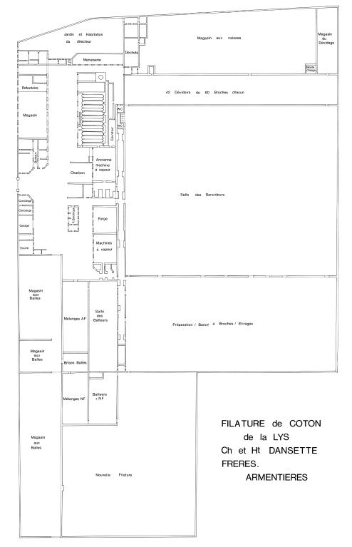 Plan masse d'après un plan de la filature antérieur à 1914 (AD Nord ; 10R4382).