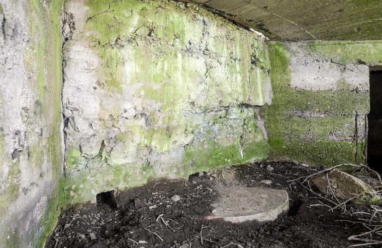 La chambre de tir, vers le nord. A gauche, le pas de tir et l'ouverture de tir condamnée. En face, l'accès à la soute à munitions.