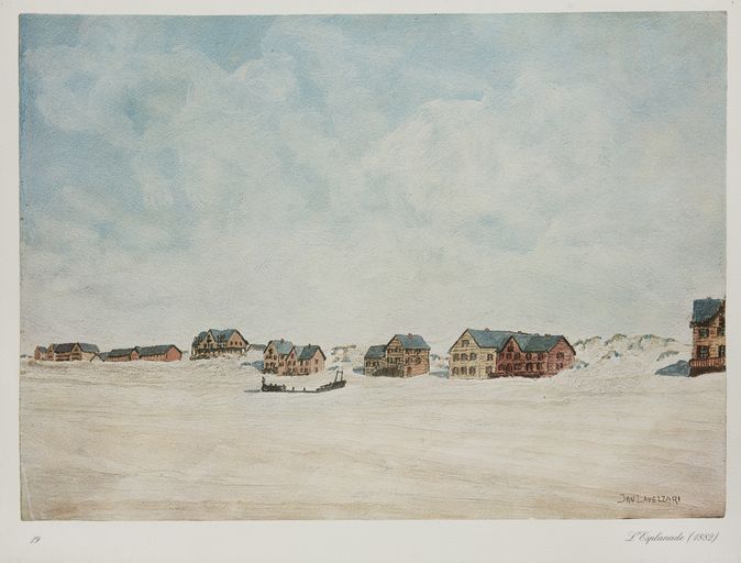 Le front de mer appelé Esplanade (1882) (partie est : les chalets), peinture de Jan Lavezzari (décor réalisé et conservé dans les salons de hôtel de ville). 