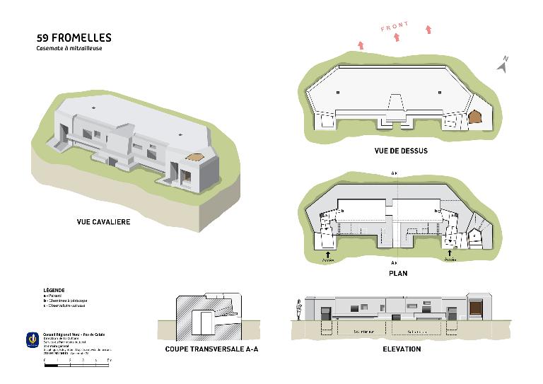 Coupes, plans, élévation et vue cavalières d'après des relevés de terrain.