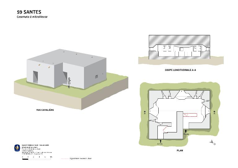 Plan, coupe et élévation d'après des relevés de terrain.