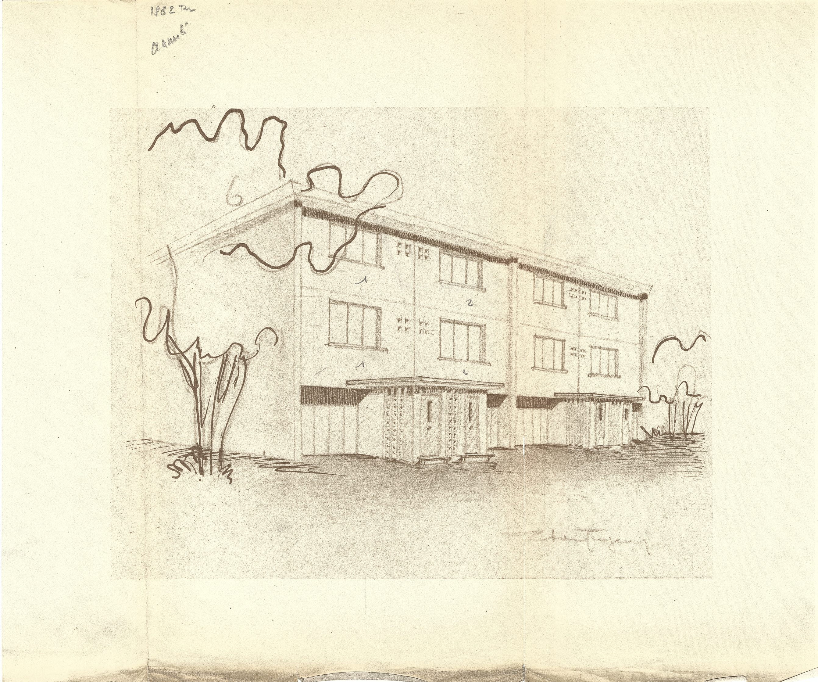 Vue générale d'un groupe de quatre logements accolés, plan par Stanislas Tugendresch, architecte, 1961 (Archives Maisons & Cités).