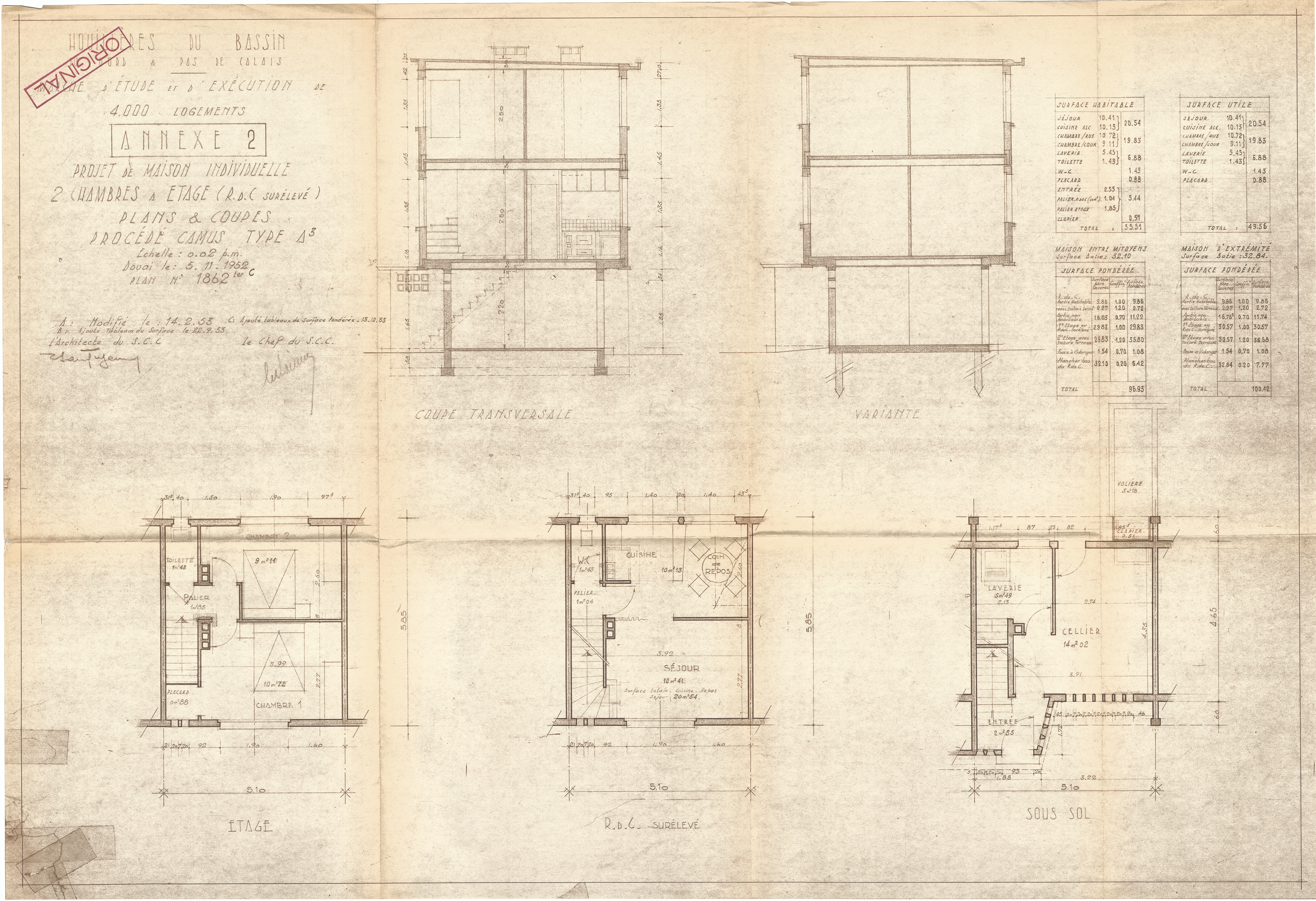 Projet de maison individuelle à étage, procédé Camus, plans et coupes, Stanislas Tugendresch, architecte, 1961 (Archives Maisons & Cités).