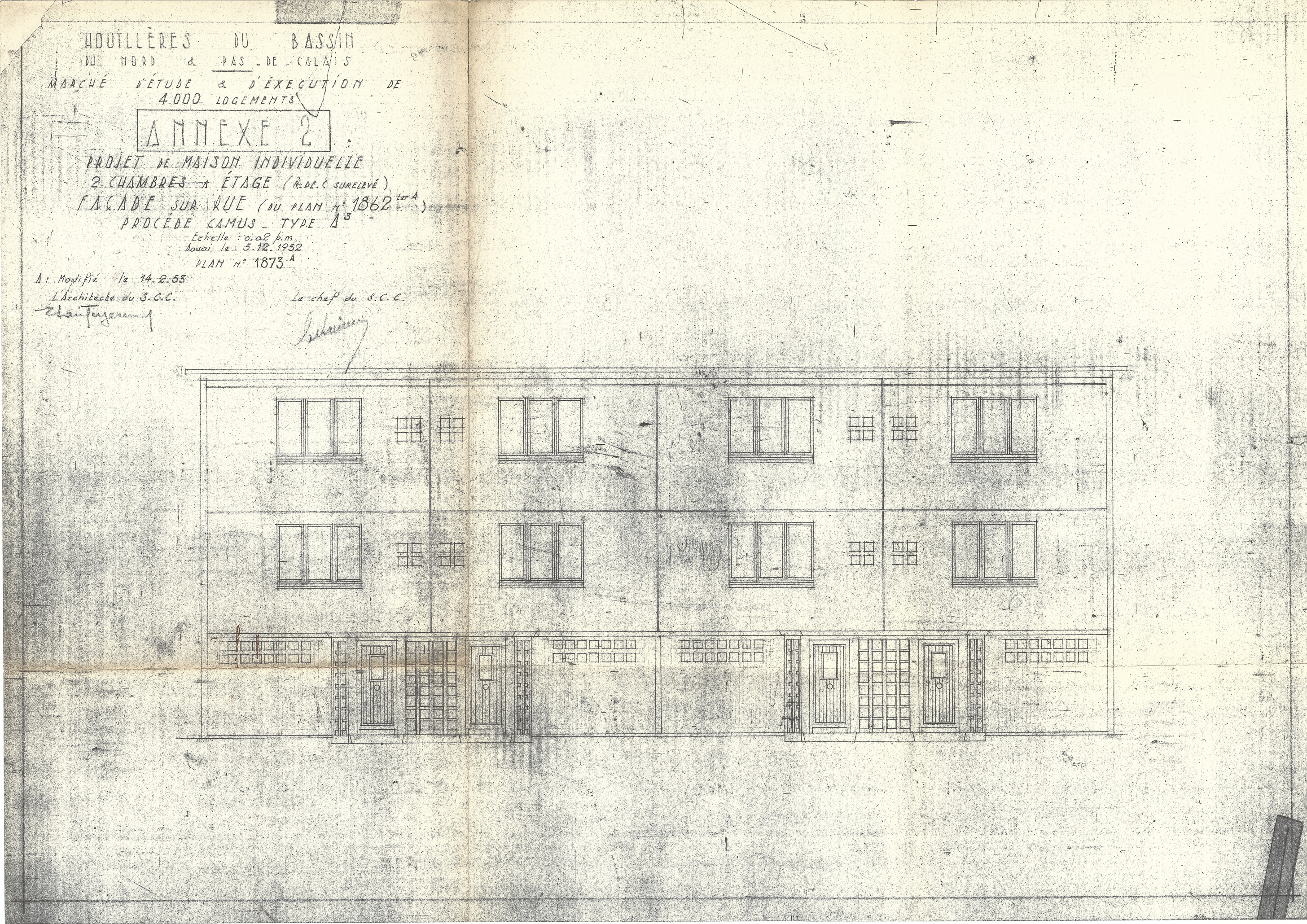 Maison individuelle à étage, procédé Camus, façade sur rue du plan 1862ter, Stanislas Tugendresch, architecte, 1961 (Archives Maisons & Cités).