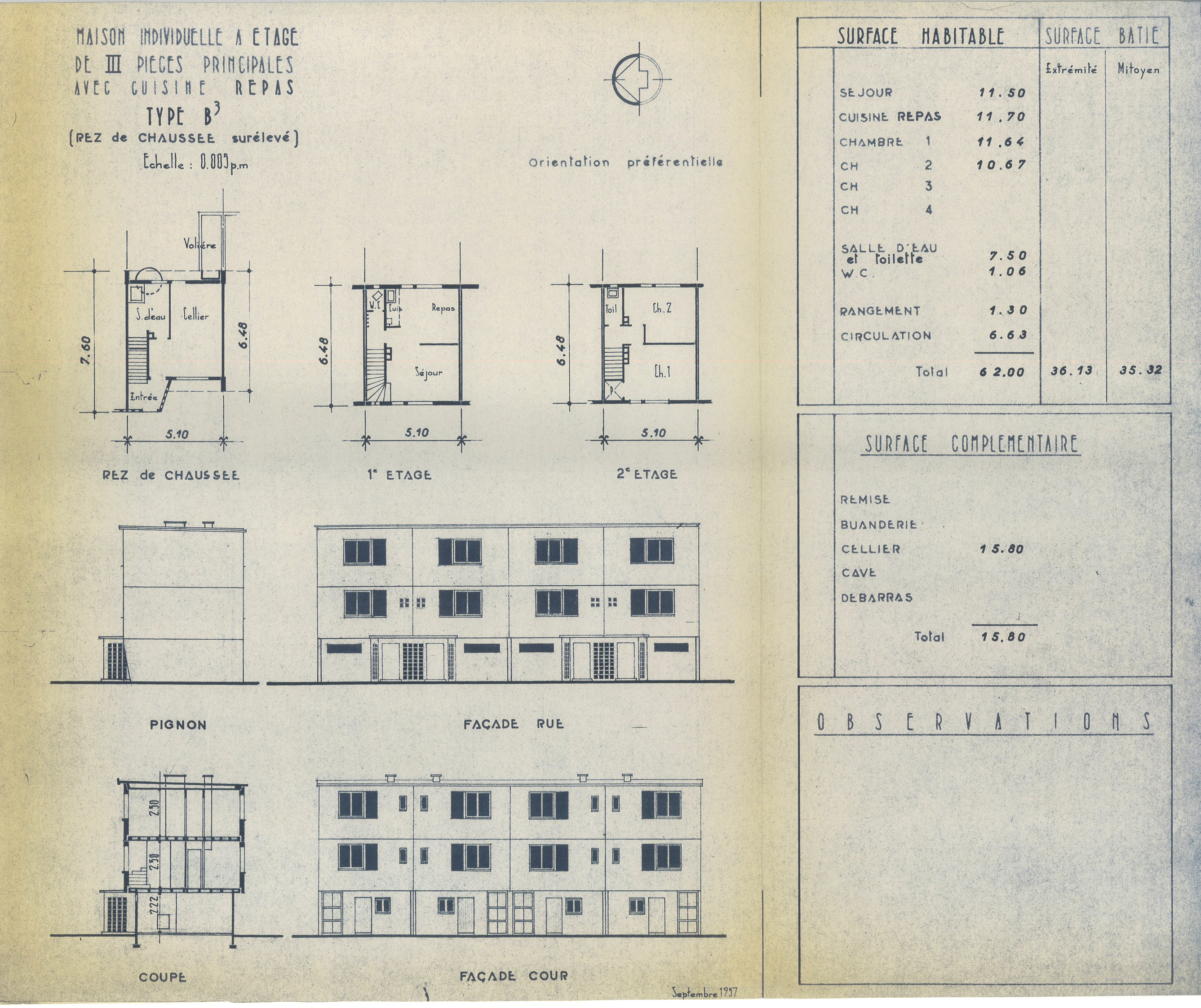 Maison individuelle à étage, procédé Camus, plan-vignette, Stanislas Tugendresch, architecte, 1961 (Archives Maisons & Cités).