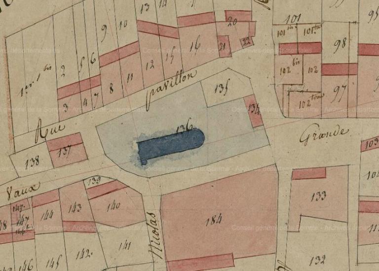 L'église de Sailly-le-Sec. Plan cadastral, développement de la section D, dite du village, 1813 (3P2082/6).
