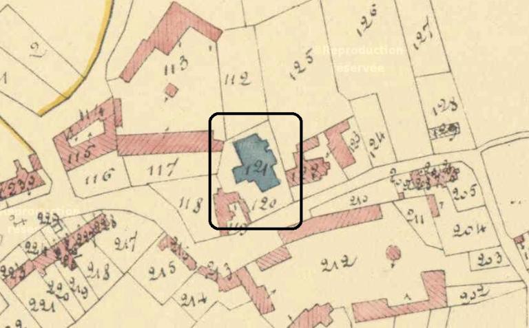 Plan-masse et de situation de l'église, extrait de la section A1 du plan cadastral de 1835 (AD Aisne : 3P0286_02).