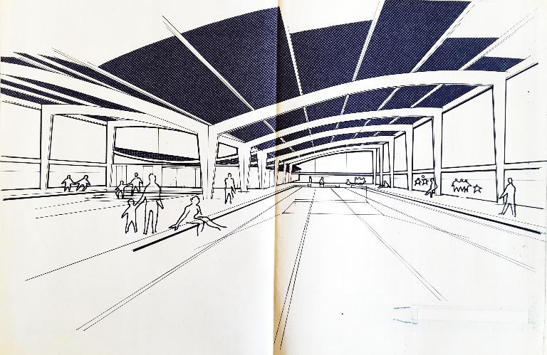 Perspective intérieure du projet-type de la piscine "Albatros", vers 1970 (AN ; 19840036/55).