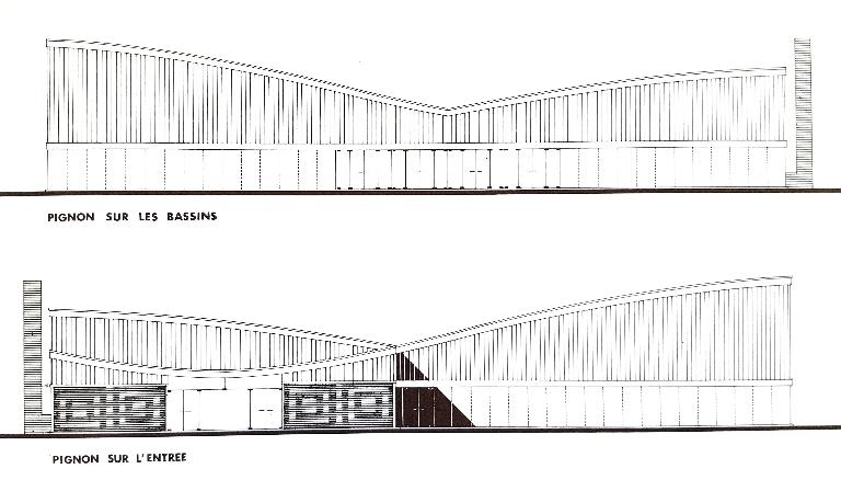 Elévation des façades pignons, projet-type de la piscine "Albatros". A noter que le parement des façades sur le plan est le même que celui choisi pour Beautor (AN ; 19840036/55).