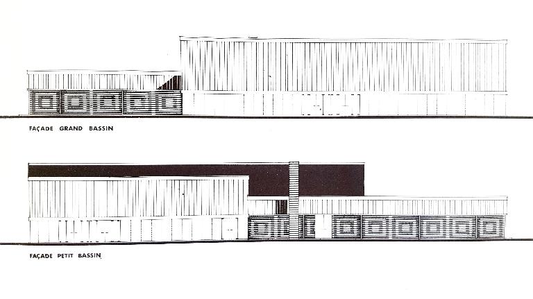 Elévation des façades, du côté du grand bassin et du côté du petit bassin, projet-type de la piscine "Albatros" (AN ; 19840036/55). 
